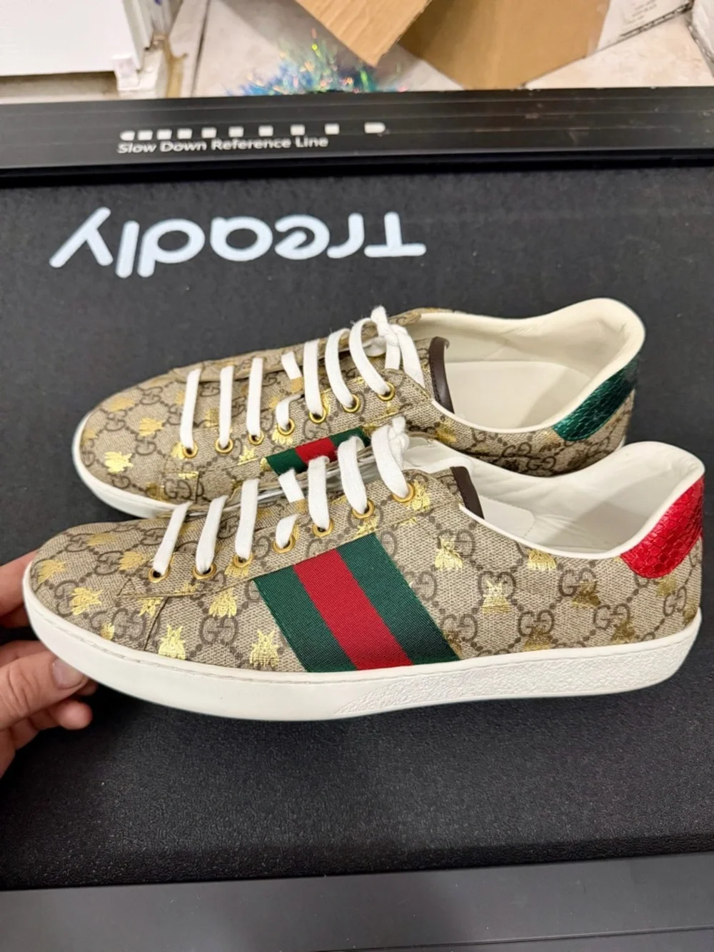 Gucci Beige Monogram Ace Sneaker with Green & Red Web
